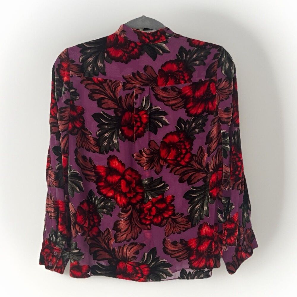 Alice + Olivia Velvet Burnout Floral Sheer Blouse Size XS Roll Tab Sleeve - Picture 4 of 8